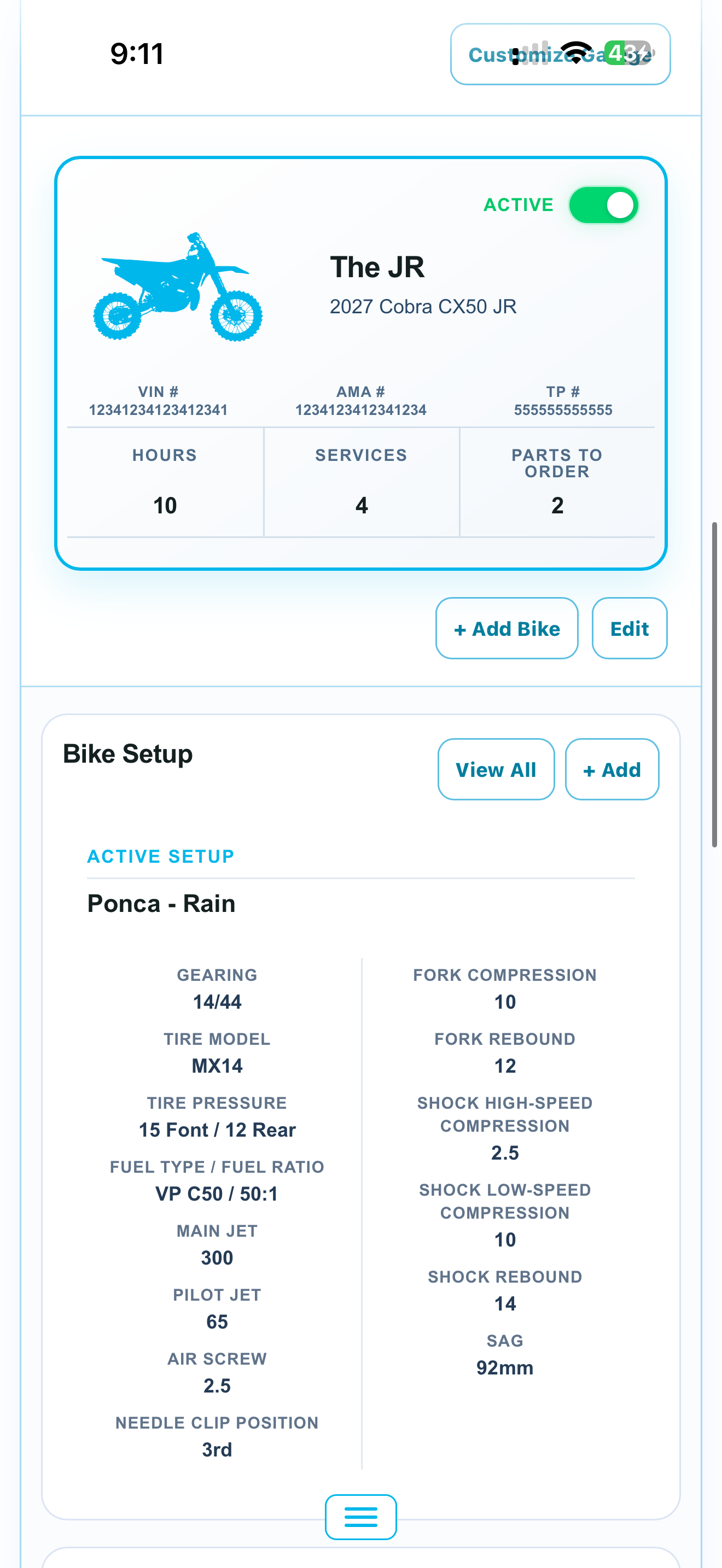MotoHQ bike card and active bike setup screen