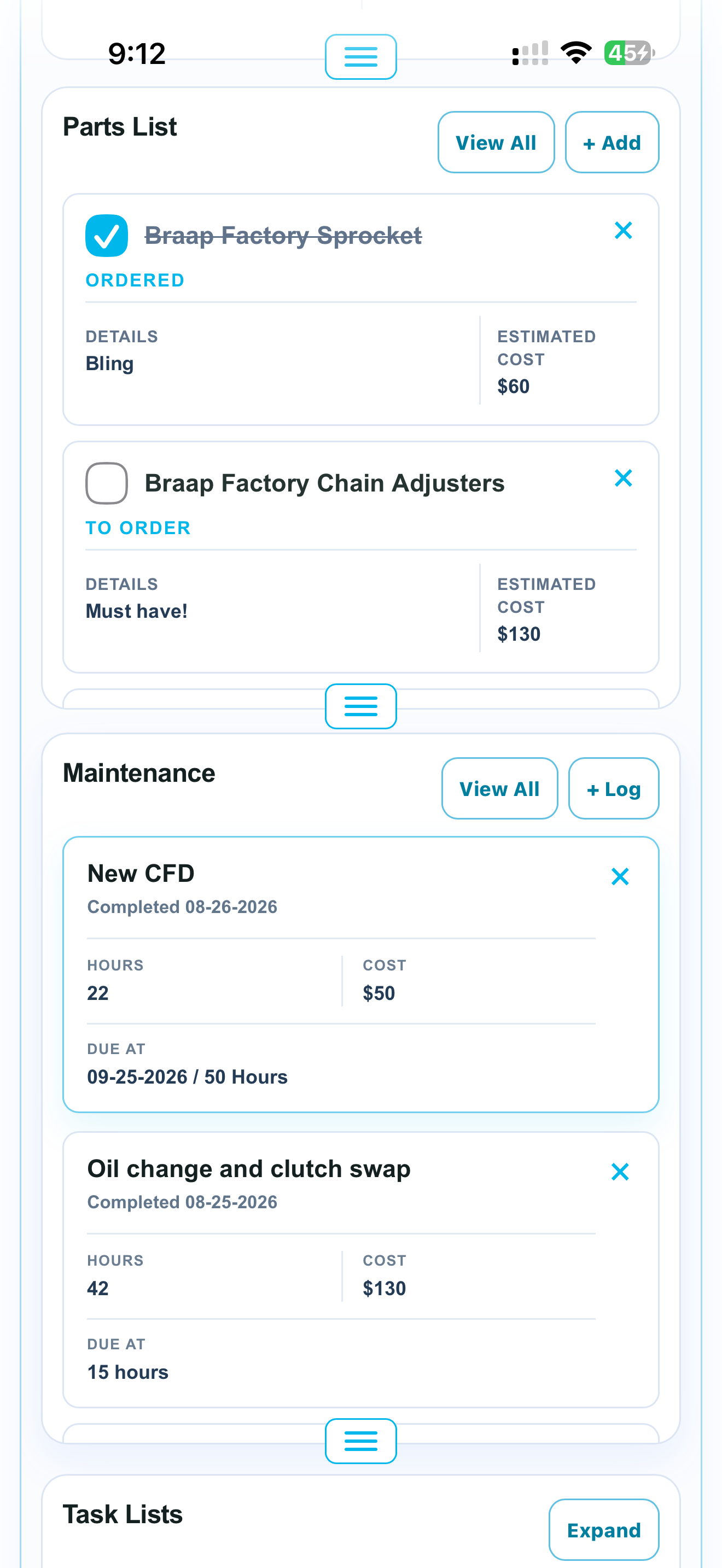 MotoHQ parts list and maintenance screens